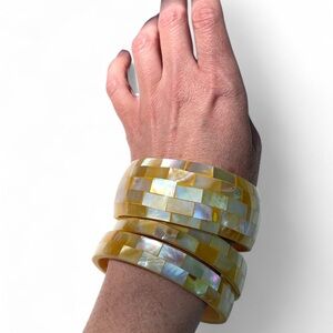 Vintage mosaic mother of Pearl shell bangle bracelet set